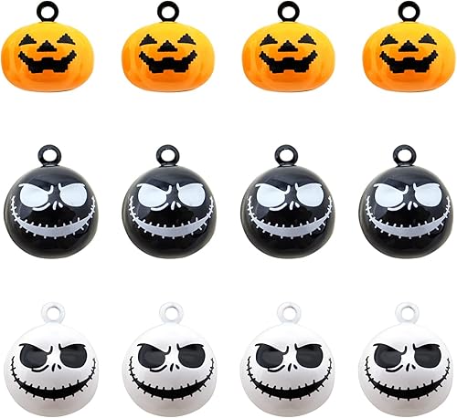 Honbay 12 decoraciones de Halloween, campanas de calabaza, campanas de calavera fantasma, para árbol de Halloween, aretes, collar de mascotas,