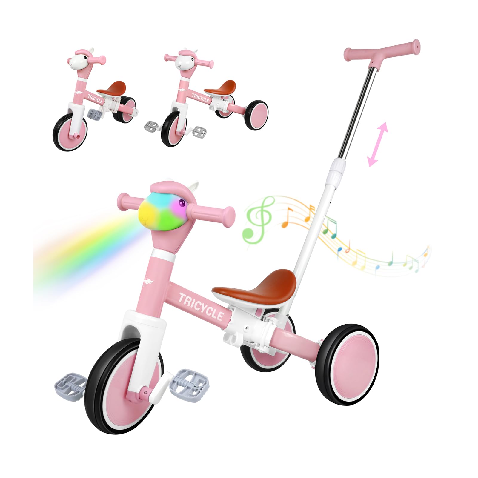 5-in-1 Kids Tricycle with Lights & Music, Adjustable Push Kids Bike for 1-5 Year Olds, Kids Balance Bike & Tricycle for Boys & Girls, Birthday Gift for 1 2 3 4 5 Year Old Kids (Pink)