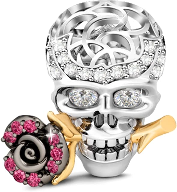GNOCE "Skull Love Rose Charm Bead 925 Sterling Silver Skull Charm with Rose Fit for Bracelet Necklace