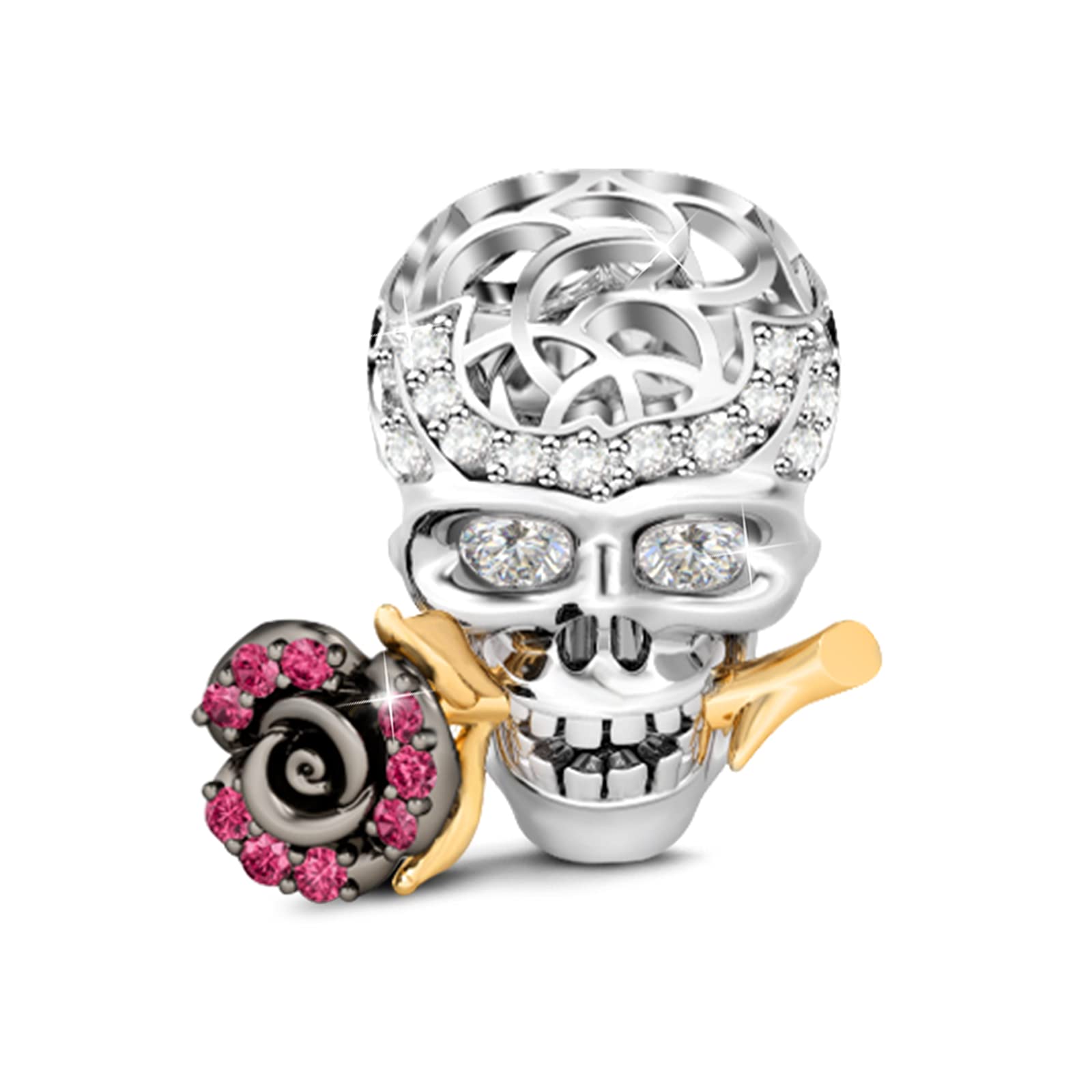 Skull Charm Bead 925 Sterling Silver Skull with Rose Beads Charms for Bracelet Necklace Skull Lovers-image-32