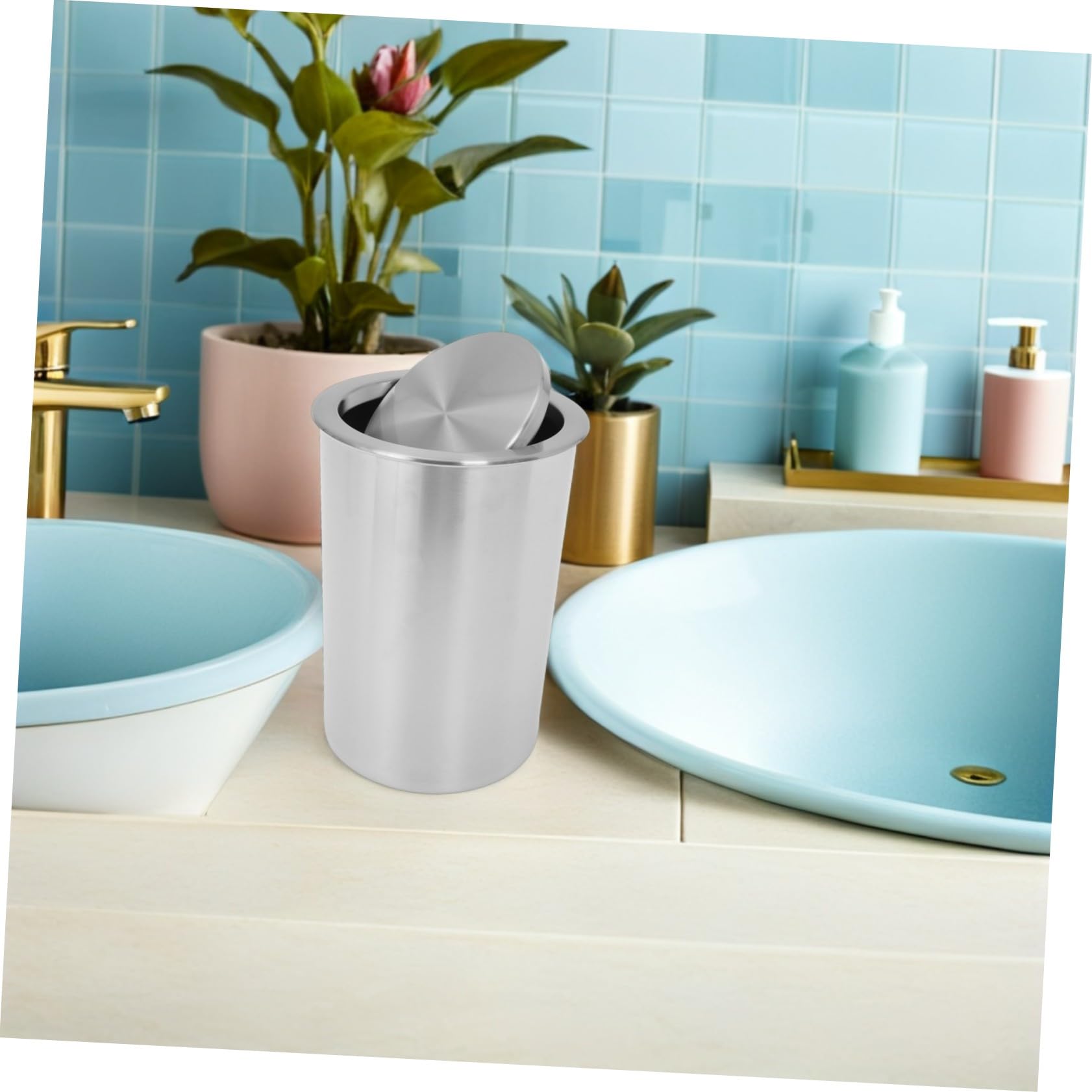 STOBAZA Cubo de Basura de Acero Inoxidable Empotrado para Encimera con Tapa Abatible, Diseño Redondo Moderno y Silencioso Adecuado para Baño y Cocina