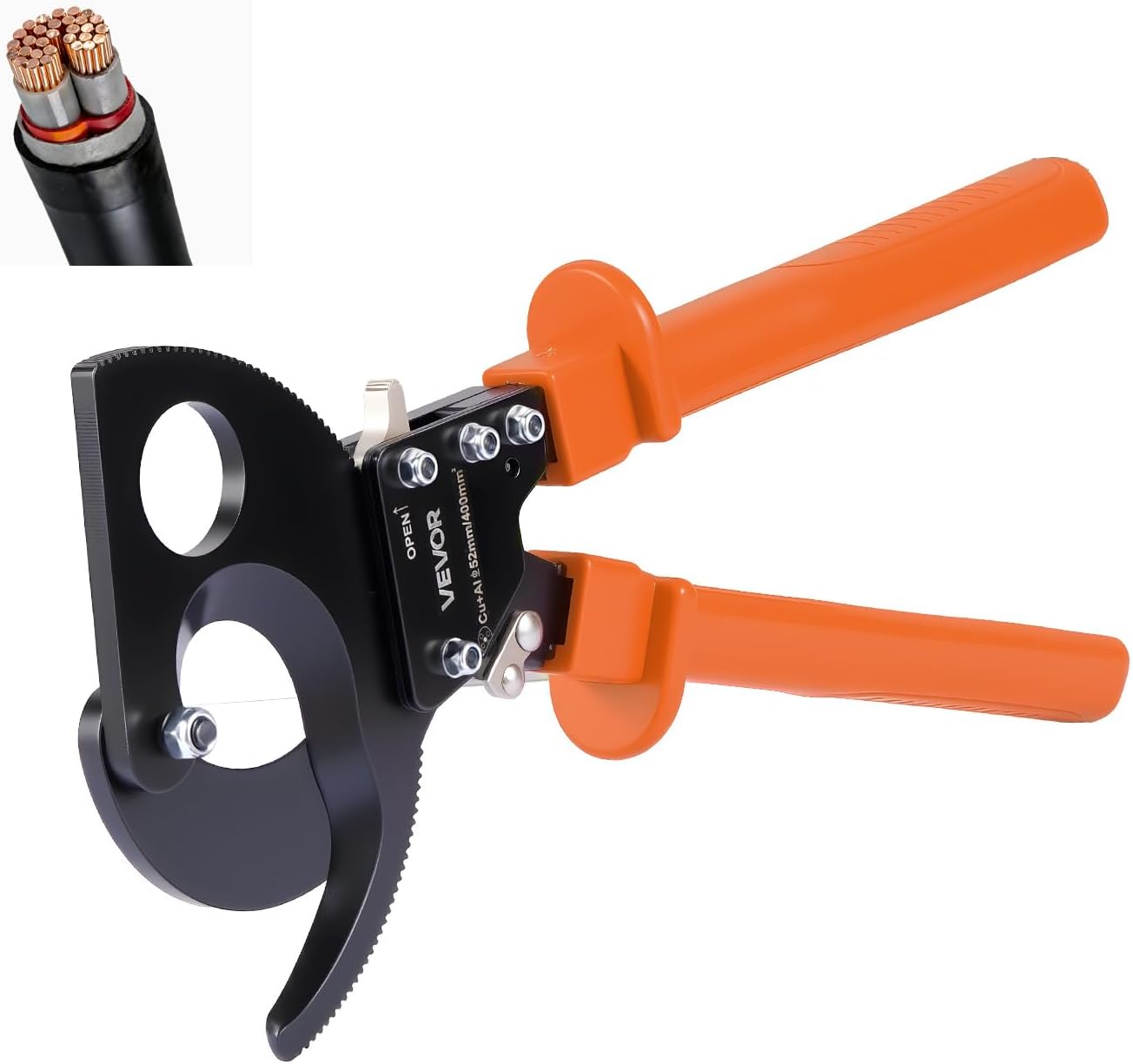 VEVOR Ratcheting Cable Cutter, Spring Steel Blades with PVC-Coated Handles, Quick-Release Button, Heavy Duty Ratchet Cable Wire Cutter for Cutting Copper & Aluminum Cables Up to 800 MCM / 400 mm²