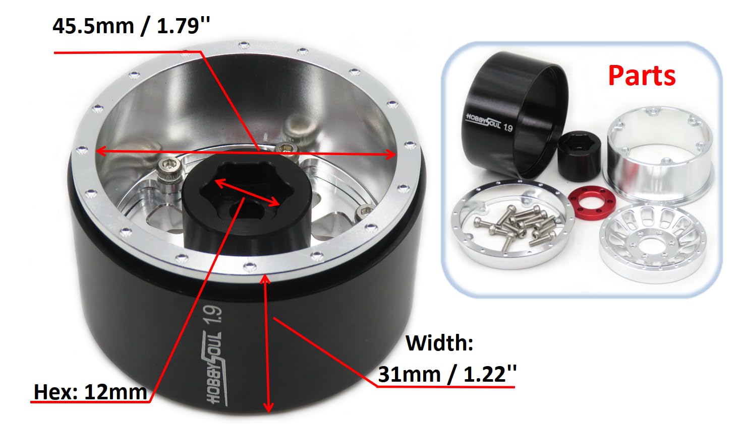 hobbysoul RC verstellbare 4 Offsets 1,9 Beadlock Räder Aluminium Felgen mit negativem Offset Breite 31mm Silber für 1:10 Crawler Traxxas TRX-4 Axial SCX10 Redcat Gen8, (4er-Pack)