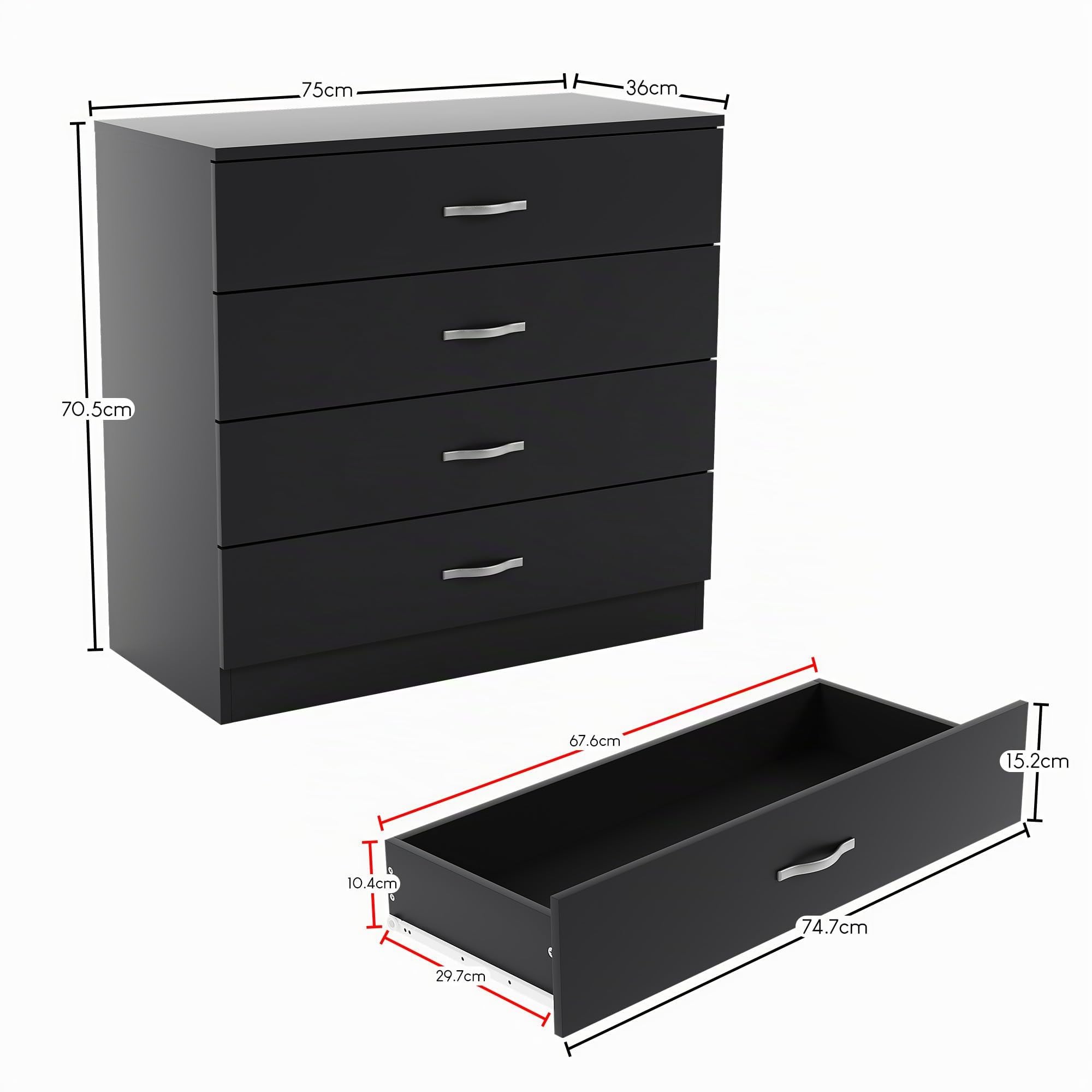Home Discount Nero cassettiera, 4 cassetti con Maniglie in Metallo e corridori, Sistema Unico con Guide, Riano mobili per Camera da Letto