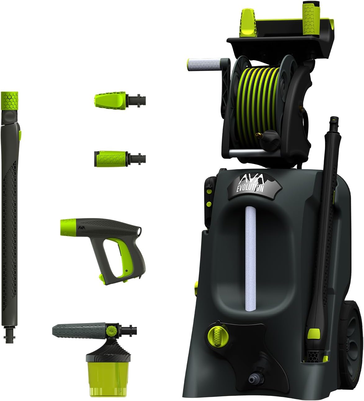 AVA Evolution P60 Pressure Washer, 145 Bar 500 LPH 2100 W, High Power Electric Jet Washer with Foam Cannon, Follow-Me Hose Reel, Zoom Lance, Used for Patios, Cars, Includes Turbo and Vario Nozzles…