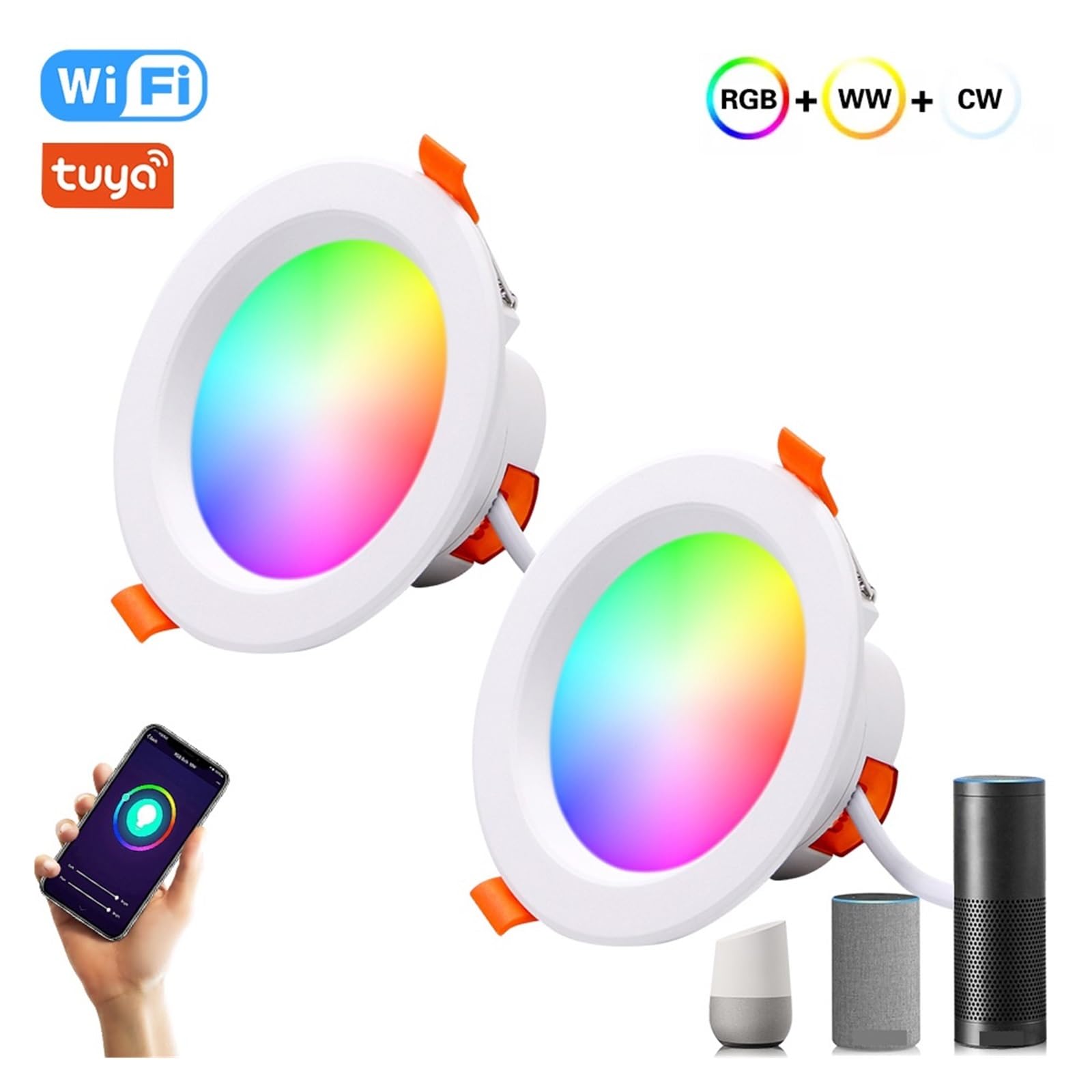 Luz de techo LED Downlight Tuya Smart WiFi, lámpara foco regulable RGB+CW+WW, Control por voz(2 Pieces,7W)