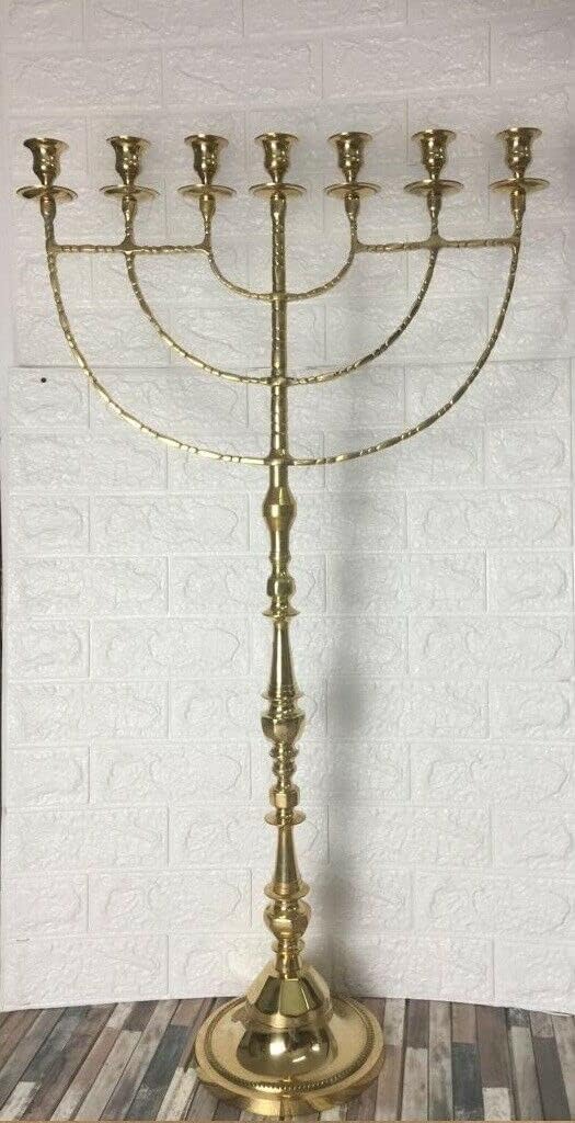 Brass Menora Traditional Candelabra | Temple Style Menorah | Large Standing Judaica Decor | 39" Tall (99cm) | Golden Finish