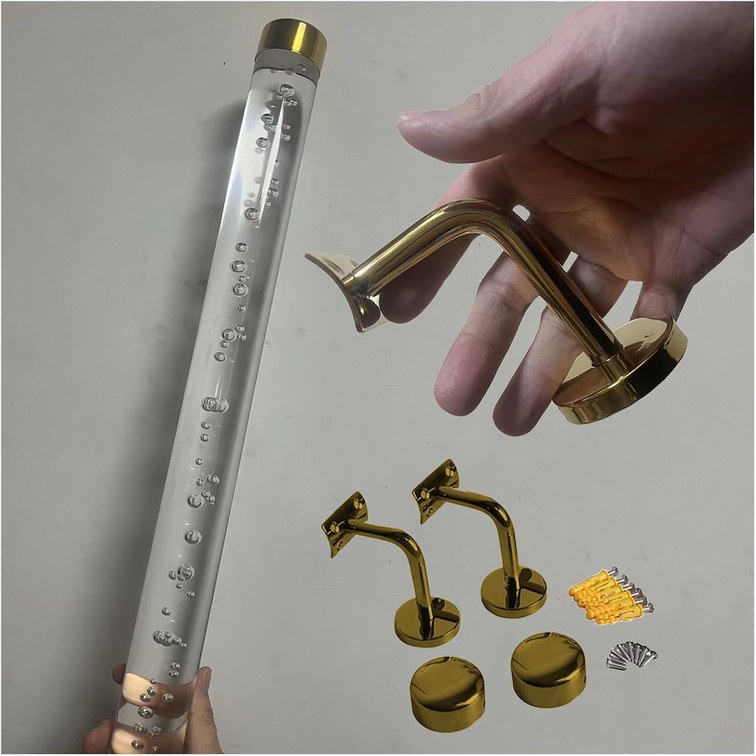 Stair Handrail Clear Acrylic Crystal Handrail for Indoor Stairs - 3ft/4ft/5ft/6ft/10ft/12ft/14ft/20ft, Transparent Staircase Hand Railing with Metal Brackets & End Caps(Gold,245cm(8ft))