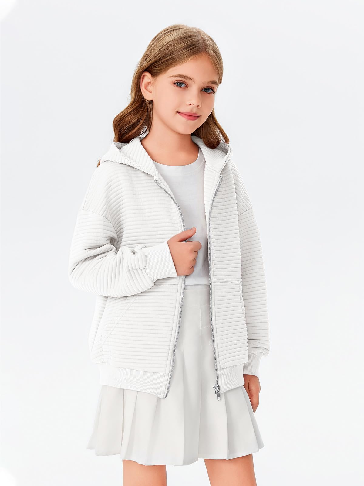 Haloumoning Felpa oversize con cappuccio e zip per bambine 5-14 anni | Tessuto testurizzato, giacca a maniche lunghe con cappuccio, vestibilità ampia, casual, con tasche
