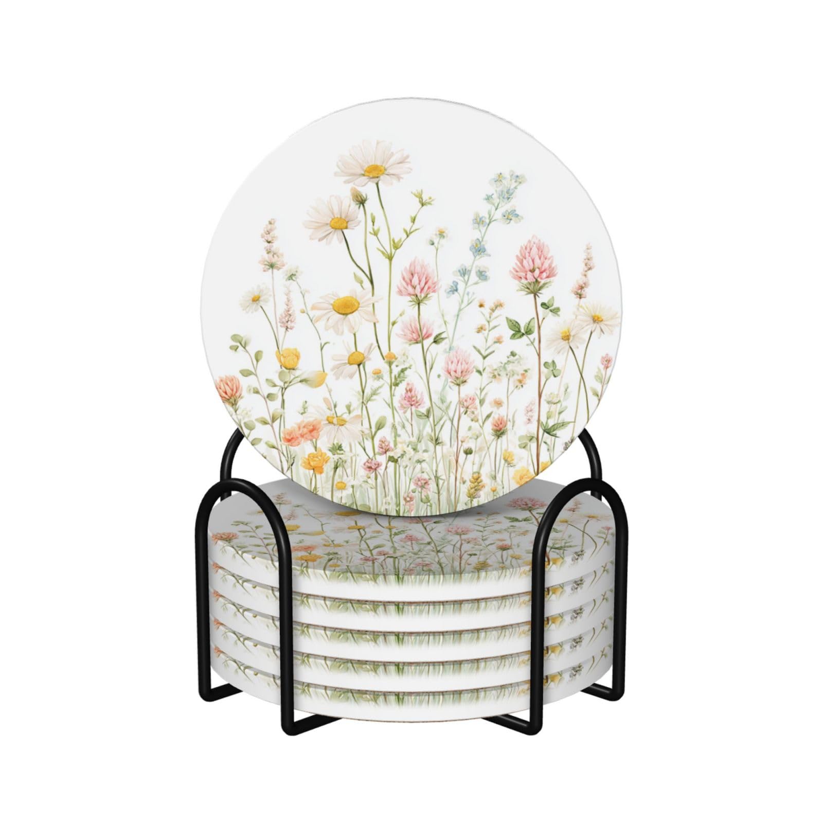 Watercolor Wild Meadow Flowers Ceramic Coasters with Holder 6ps