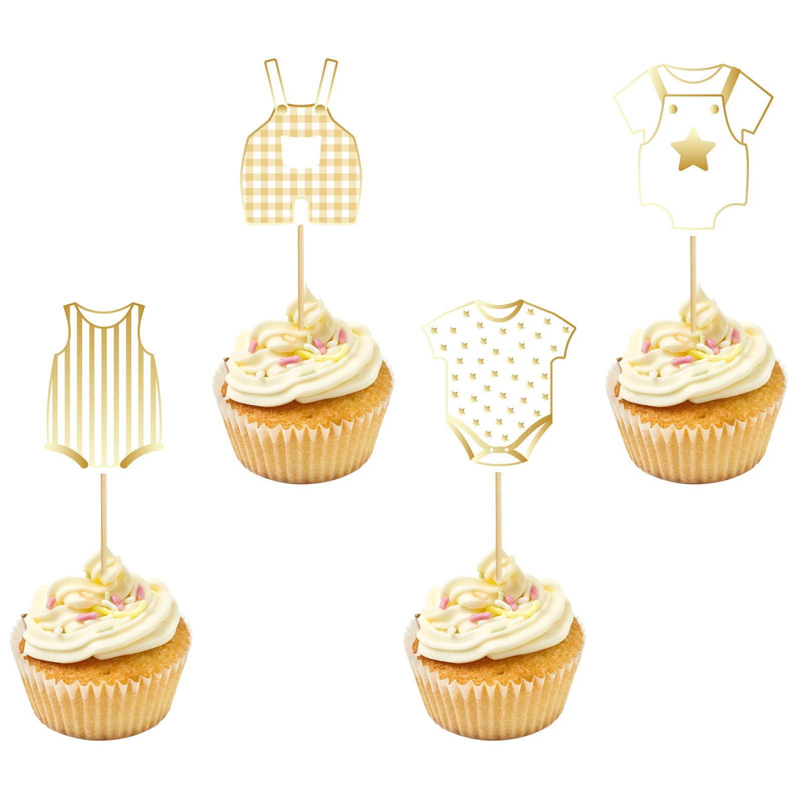 24pcs Bodysuit Cupcake Toppers, Neutral Gold Baby Shower Cake Topper Pre-Assembled Gender Reveal Decorations for Newborn Party Supplies & Photo Props (4 Style)