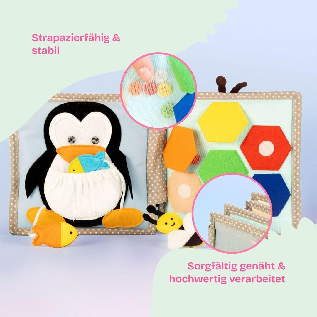 Jolly Designs Mini Quiet Book Schillernder Papagei – Montessori Spielzeug ab 6 Monaten – Fühlbuch & Busy Book ohne lose Teile – Stoffbuch & Motorikspielzeug aus Filz – Lernspielzeug für Babys