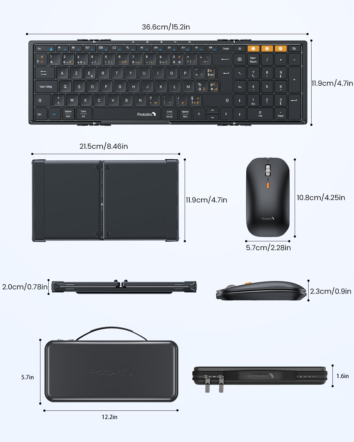 ProtoArc XKM01 Clavier Souris sans Fil Pliable, 2.4G+Dual Bluetooth | AZERTY, 105 Touches avec Pavé Numérique, Rechargeable, Etui Rigide et Support Inclus, pour iPad/Téléphone/Tablette