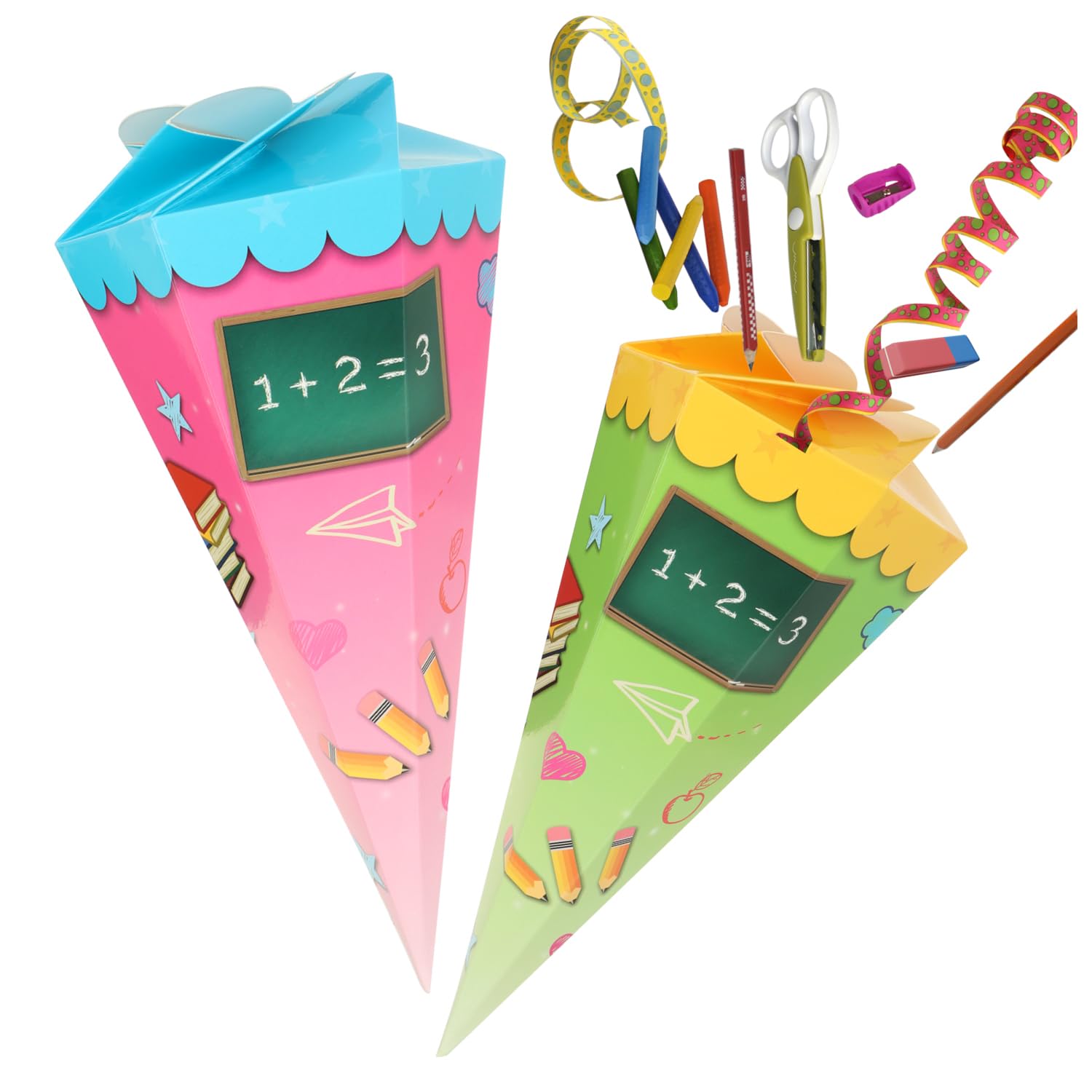 com-four® Mini Coni Scuola 30 cm – Coni in Cartone per Inizio Scuola (2 Giallo-Verde/Blu-Rosa)
