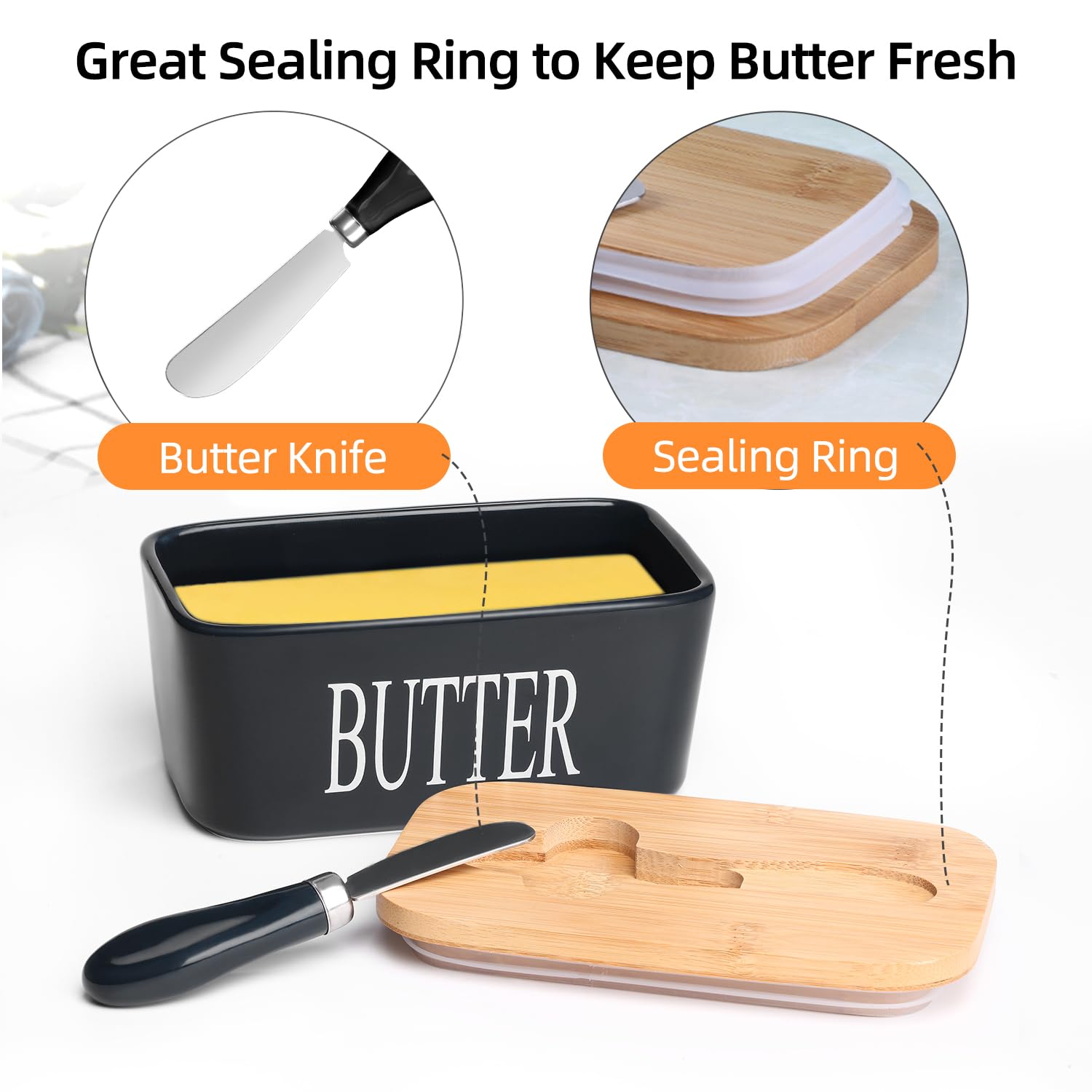 Ceramic Butter Dish with Bamboo Lid and Stainless Steel Knife Spreader 1