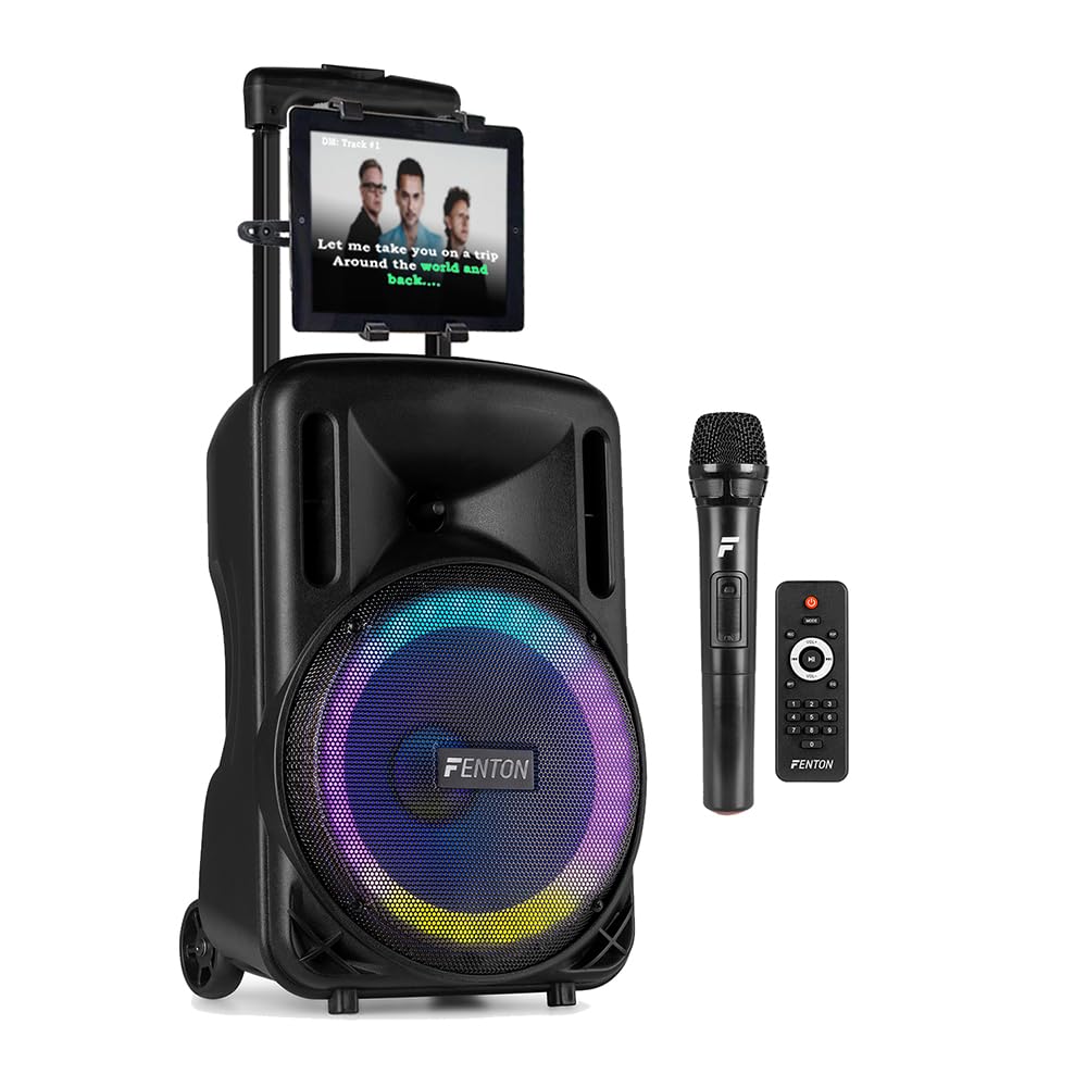 Fenton FT10LED MK2 10-Inch Karaoke Speaker System with Wireless Microphone, Tablet Holder, Bluetooth & LED Lighting - Portable Home Karaoke Machine Kit, 450W