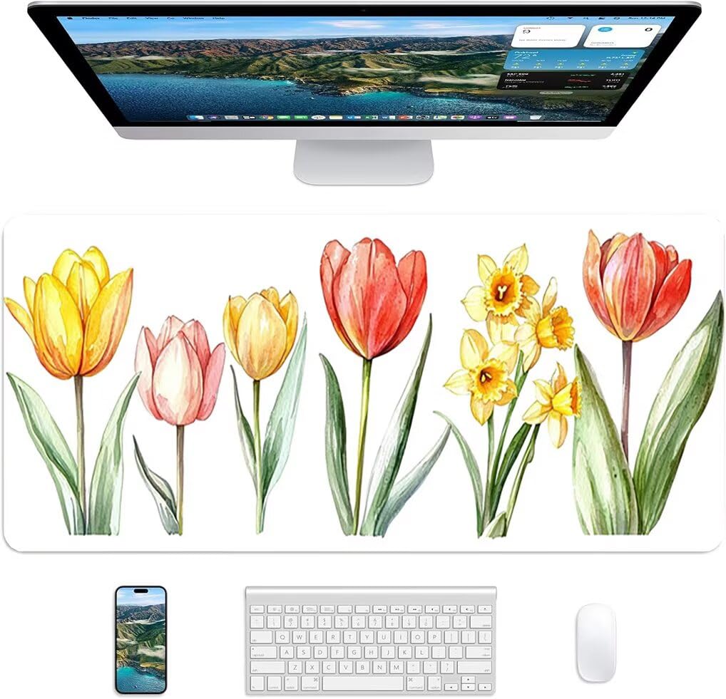 Wxuaixnn Fiore Tappetino Mouse Gaming XXL 160x80cm Tappetino Scrivania, Impermeabile Tappeto Mouse con Base in Gomma Antiscivolo, Non-Slip Rubber Base, Bianco Mousepad XXL per Gamer e Ufficio -10216