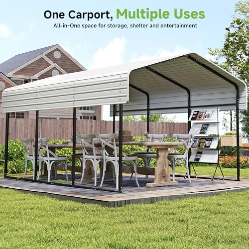 Image of Real Relax 10x15FT Heavy Duty Carport, Metal Car Port Multi-Use Outdoor Storage Cars, Boats, Trucks, Galvanized Metal Roof, Cream White