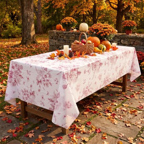 Image of 3 Pcs Burgundy Floral Plastic Tablecloths, 54 X 108Inch Fall Party Tablecloth Disposable Table Cloth Burgundy and White Porcelain Tables Decor for Autumn Dinner Harvest Wedding Birthday Picnic