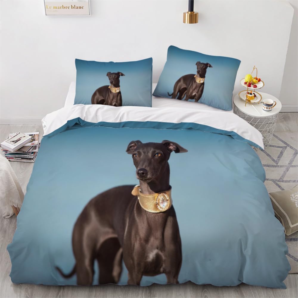 King Size Duvet Cover Set Greyhound Soft Microfiber Cute Animals Bedding 3D Printed Quilt Cover 230x220 and 2 Pillowcases with Zipper Closure Easy Care A-1739