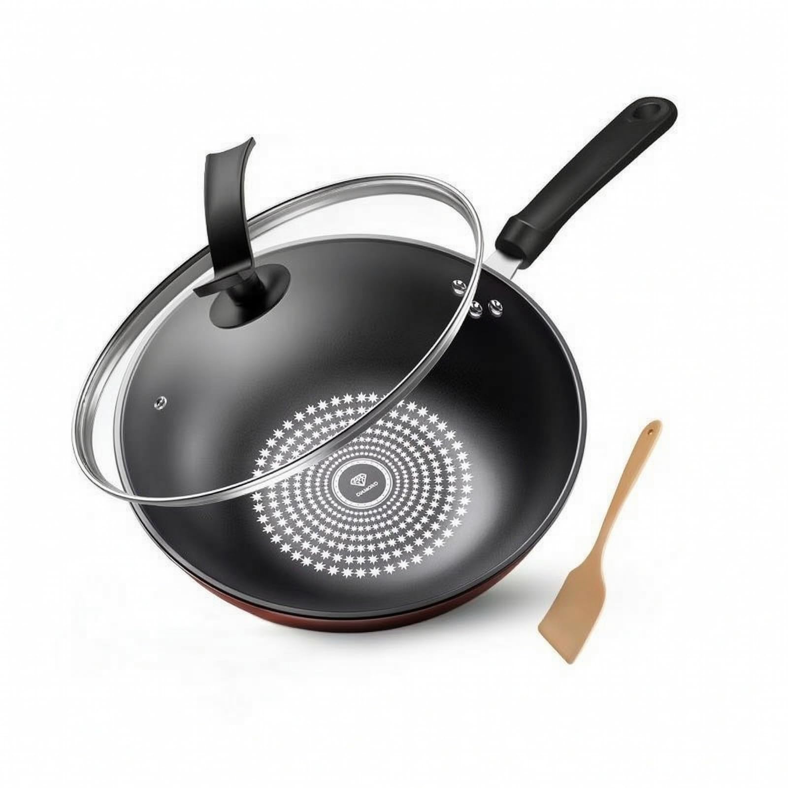 Gralara Wok Antiaderente Facile da Pulire, 30 Cm, Padella Wok Antiaderente Con Coperchio In Cristallo Di Diamante 30 Cm