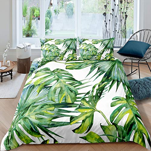 Palm Tree Print Duvet Cover Girls Tropical Palm Leaf Bedding Set for Kids Teens Women Green Leaves Pattern Decor Comforter Cover Botanical Design Bedspread Cover 3Pcs Zipper Double Size