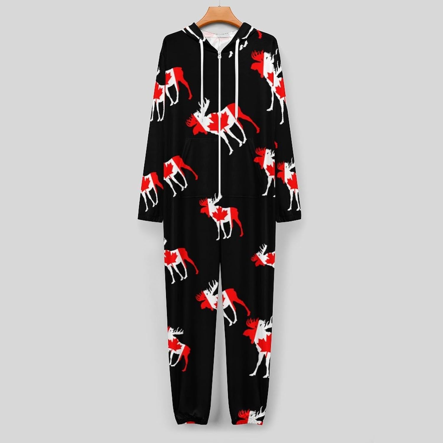 Mooses in Flag of Canada Adult Pajamas Onesie with Hood Pocket Jumpsuits One Piece Sleepwear