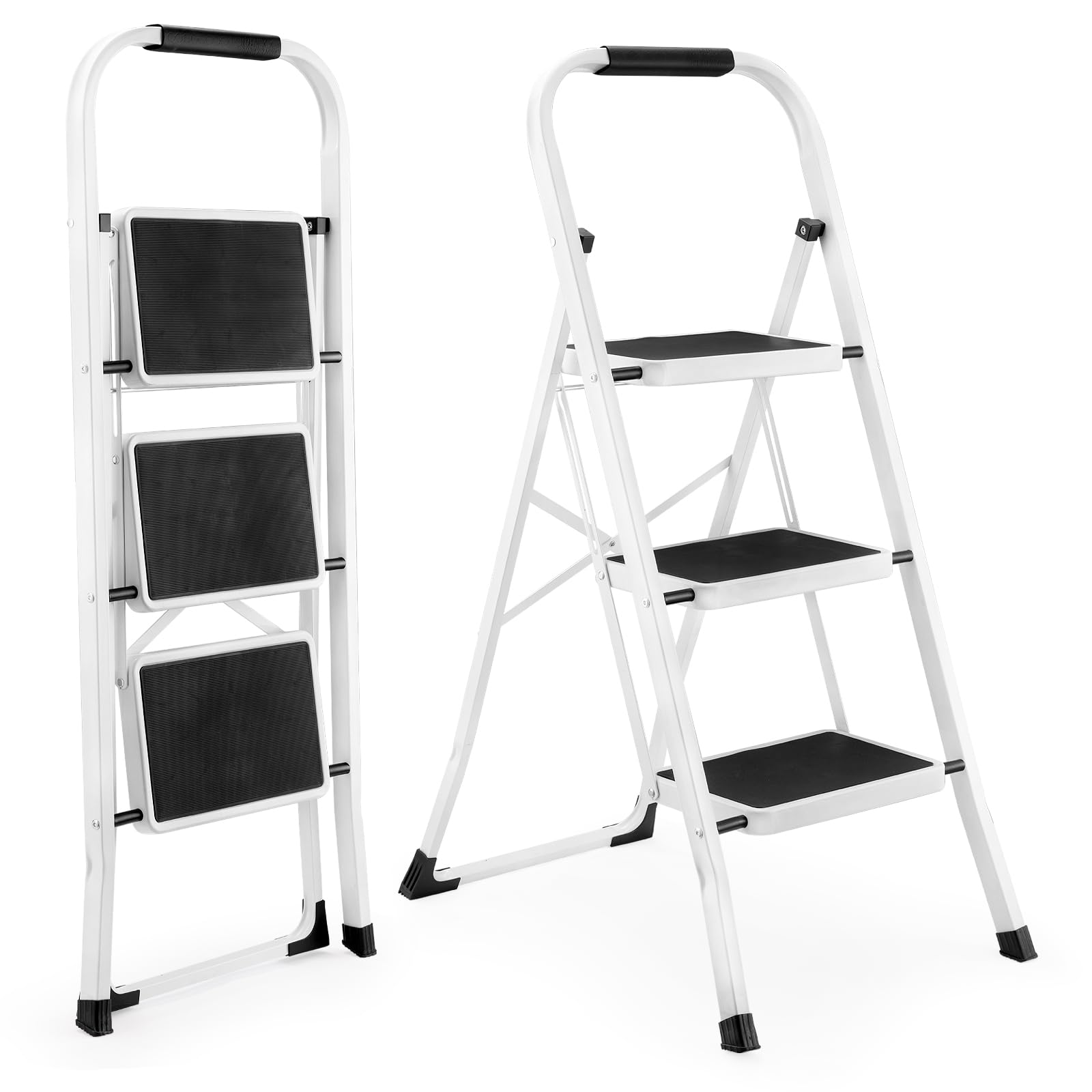 Escalera plegable de 3 peldaños en blanco y negro – antideslizante, altura 103,5 cm, capacidad 150 kg, ligera 5 kg, para hogar y cocina