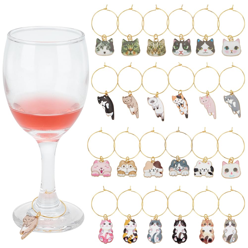 FREEBLOSS 24Pcs Wine Glass Charms Wine Glass Identifiers with Cat Charms Wine Glass Markers Tags for Stem Glasses Wine Glass Tags Wine Charms Rings for Glasses Birthday Party Decorations