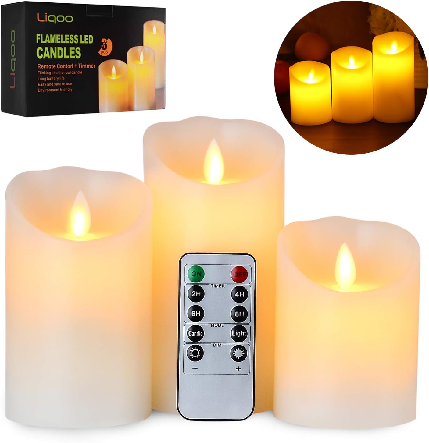Gr4tec Set of 3 LED Candles Flickering Flameless Real Wax Lamps 4" 5" 6" Pillars Dancing Flame Timer Function 10 Buttons Remote Control Electronic Dimmable Battery Operated Christmas Gift Birthday