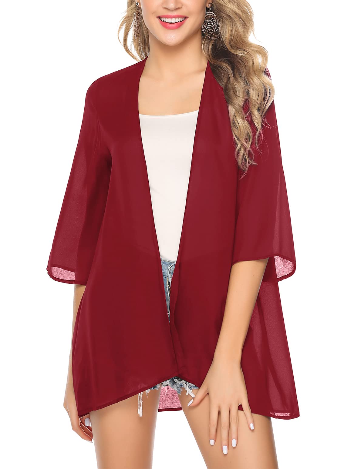 Irevial Kimono Mujer Cardigan Mujer Verano Manga 3/4 Playa Cardigan Boho Style Suelto Chal de Gasa Ropa de Baño Cover Up