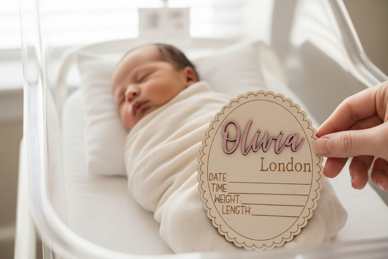Personalized Goose with Bow Baby Announcement Sign Set, Custom Newborn Birth Stats Plaque, Scalloped Wood Name Sign, Hospital Photo Prop Nursery Decor (Bundle Name Sign + Stat Sign)