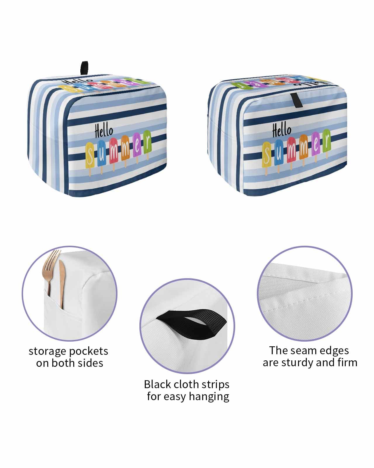 Hello Summer Toaster Cover 2 Slice, Watercolor Blue Striped Colorful Ice Cream Dustproof Bread Machine Oven Cover with Storage Pockets, Fits Most Kitchen Toasters Protector