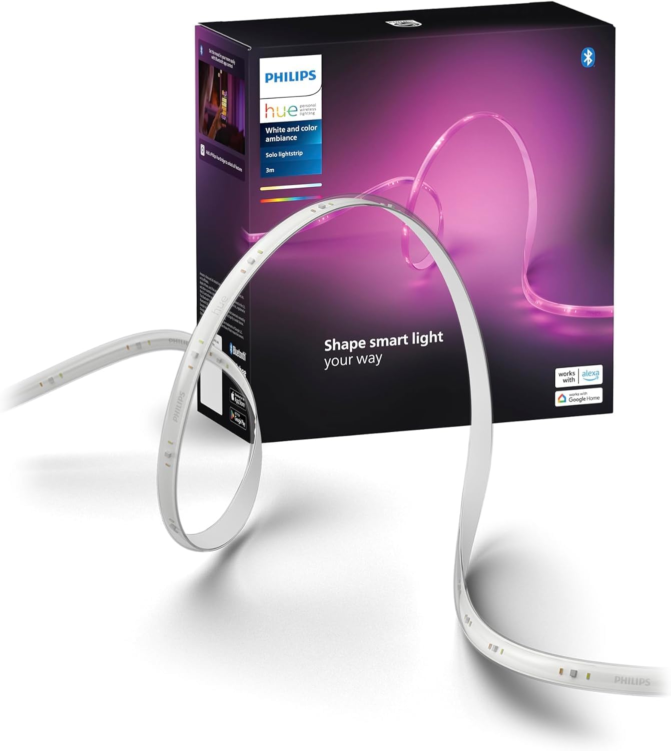 Philips Hue White Indoor 3M Smart Led Solo Lightstrip, Basic Set, Controllable With Hue App, Works With Alexa, Google Assistant And Apple Homekit