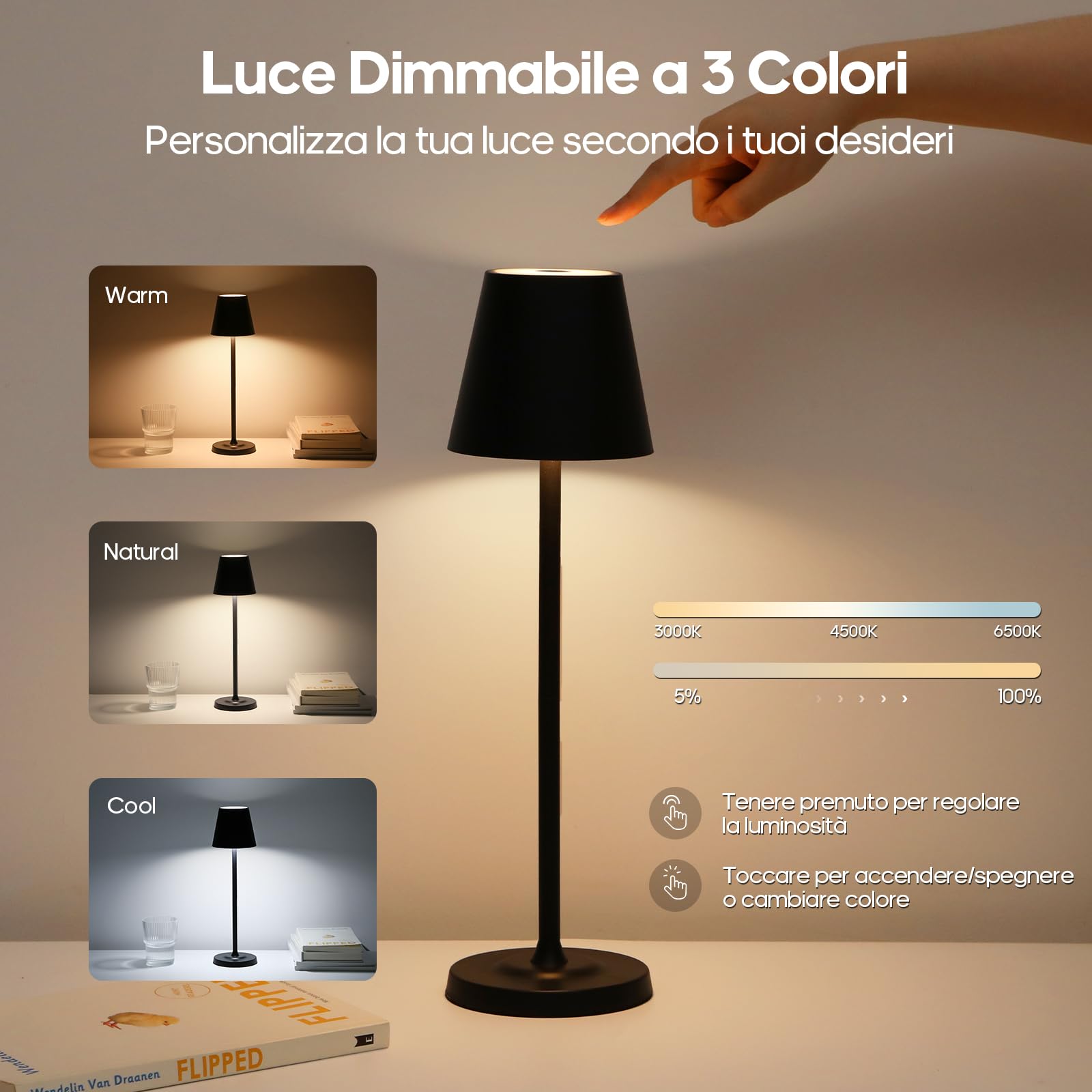 GOODEA 3 in1 Lampada da tavolo senza fili, 3 altezze regolabili e 3 temperature di colore-5500 mAh, dimmerabile senza palo, lampada da tavolo ricaricabile per interni ed esterni, con USB - C [2, nero]