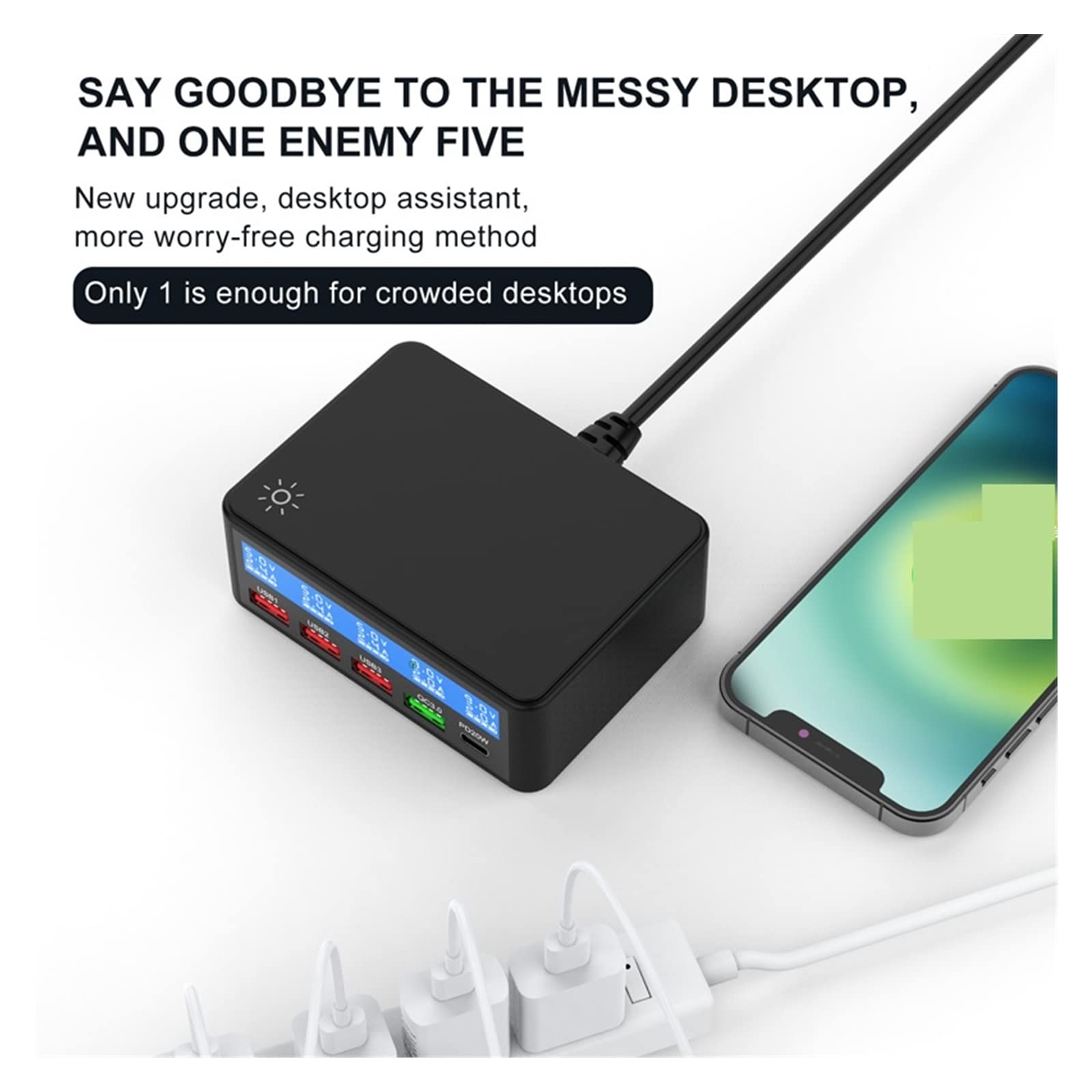 Stacja ładowania, 65W Multi 4 portowa stacja szybkiego ładowania USB, szybkie ładowanie QC3.0 PD 20W ładowarka ścienna Hub z wyświetlaczem LCD do tabletu z telefonem(Black With Cable)