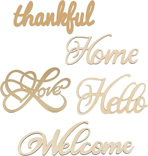 5 letreros de madera sin terminar con texto en inglés Hello Welcome Thankful Home Love de madera para corona, manualidades, colgador de puerta,