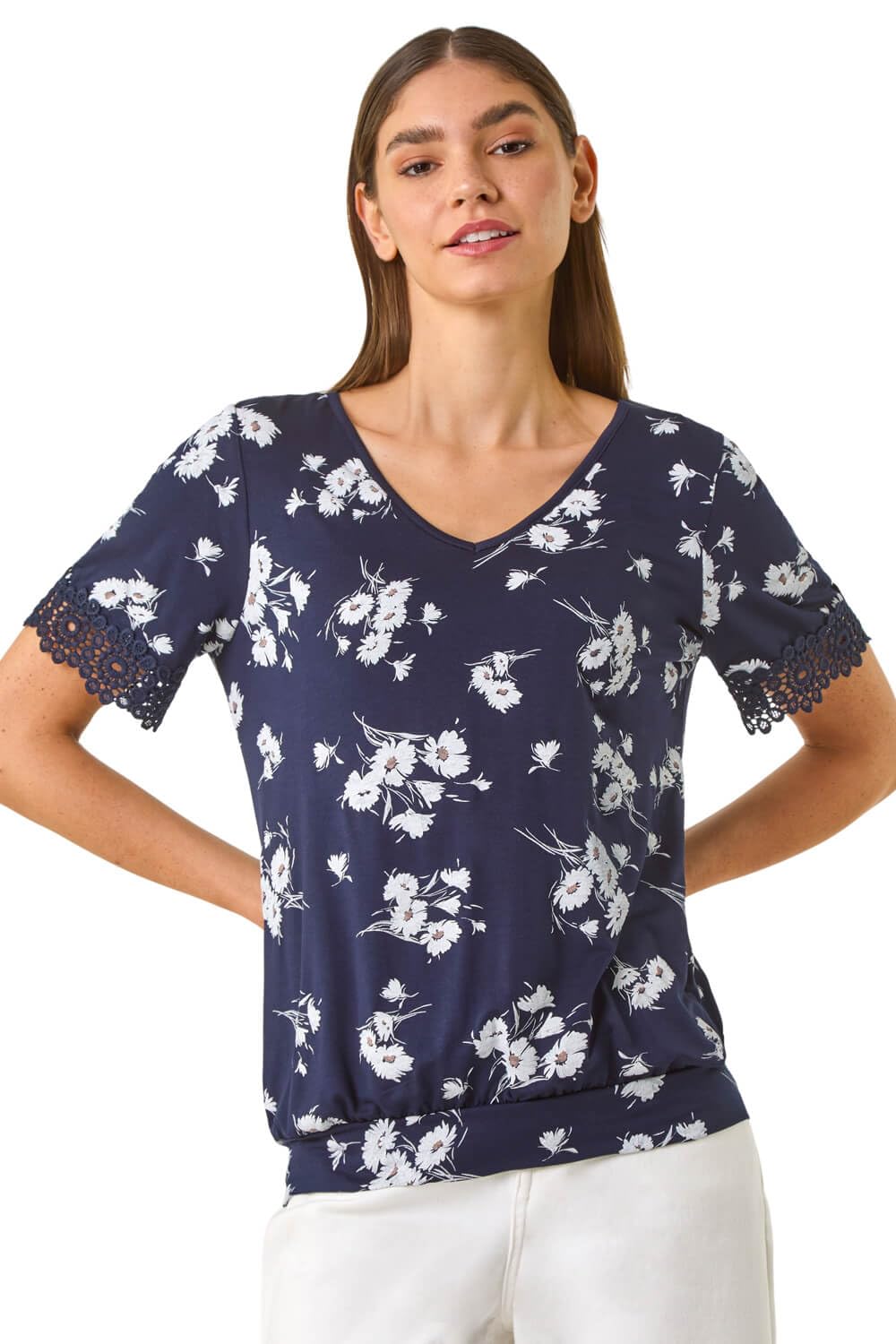 Roman Blouson Top for Women Ladies Bubble Hem Stretchy Jersey Puff Sleeve Summer Smart Casual Office Work Spring Everyday Evening Vacation Work Holiday V Neck - Navy Floral - Size 20
