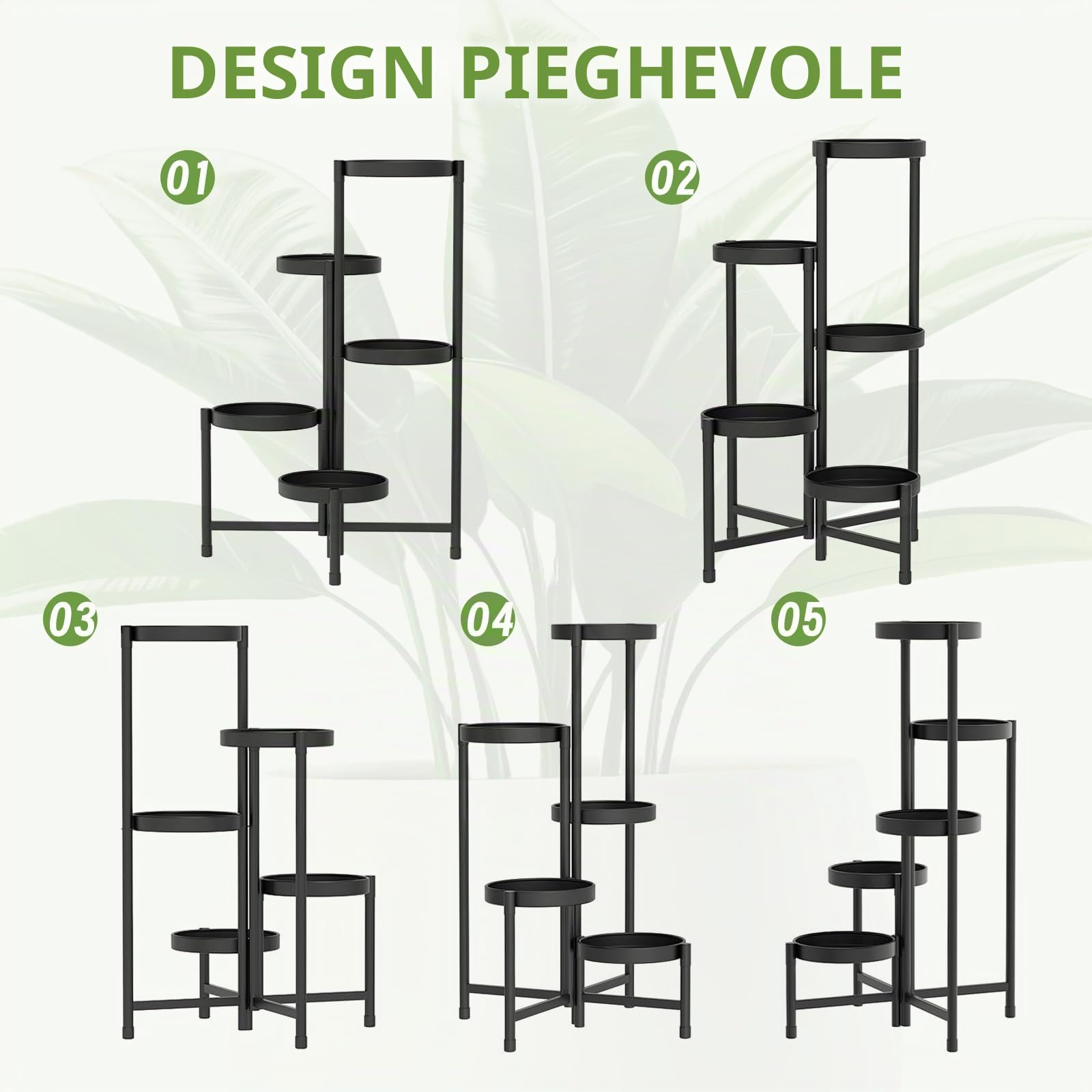 lalago Scaffale Portavasi, 5 Ripiani Ø25cm Mobile Portafiori Metallo, Tavolino per Vasi, Fioriera Interno con 5 Mensole Porta Piante, per Balcone, Giardino, Soggiorno, Camera da letto, Sala studio