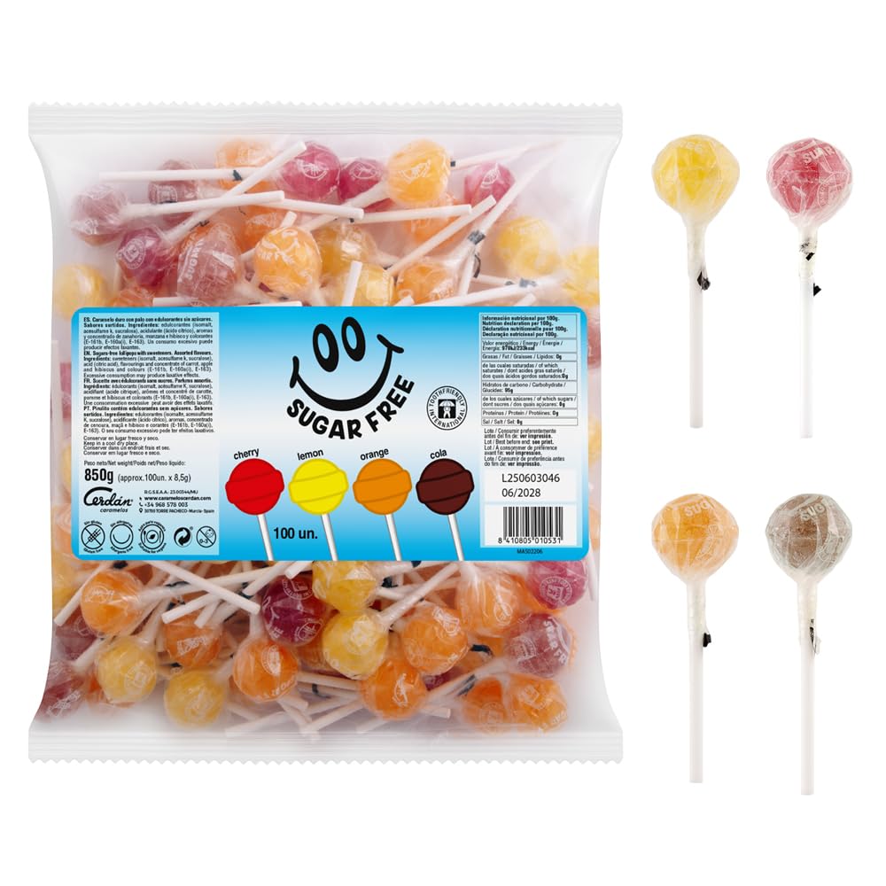 Caramelos Cerdán - Caramelo con Palo sin Azúcar Sabores Variados | Caramelo Redondo Macizo con Palo sin Gluten ni Alérgenos | Bolsa de 100 Unidades | Ideal para Fiestas, Eventos y Cumpleaños
