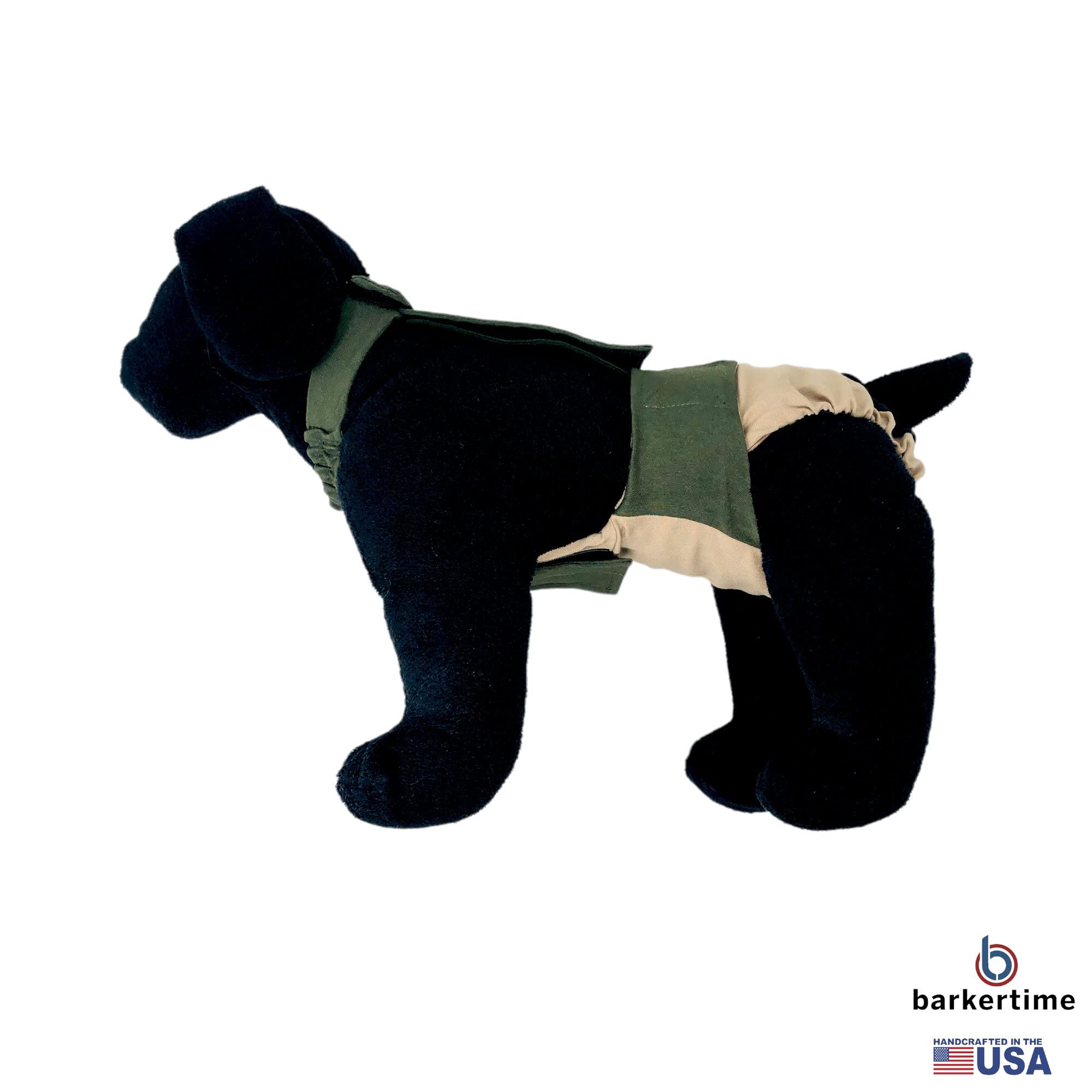 Barkertime Olive Green on Beige Biscotti Dog Diaper Overall, M, with Tail Hole - Made in USA