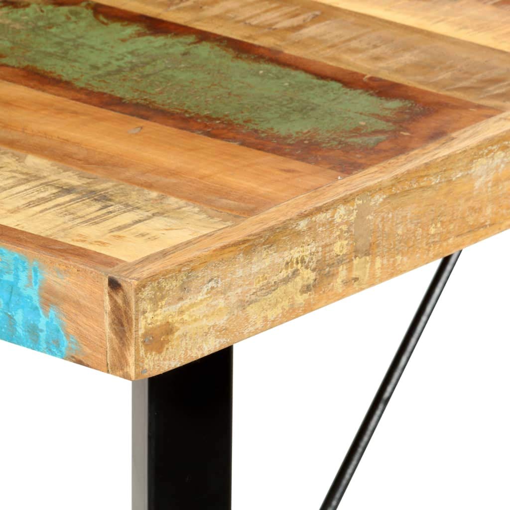 7-TLG. Juego de bar de madera vieja y piel auténtica con mesa de 180 x 70 x 107 cm, 6 sillas de bar con funda de piel de cabra, patas de acero, estilo industrial, para cocina, comedor, salón