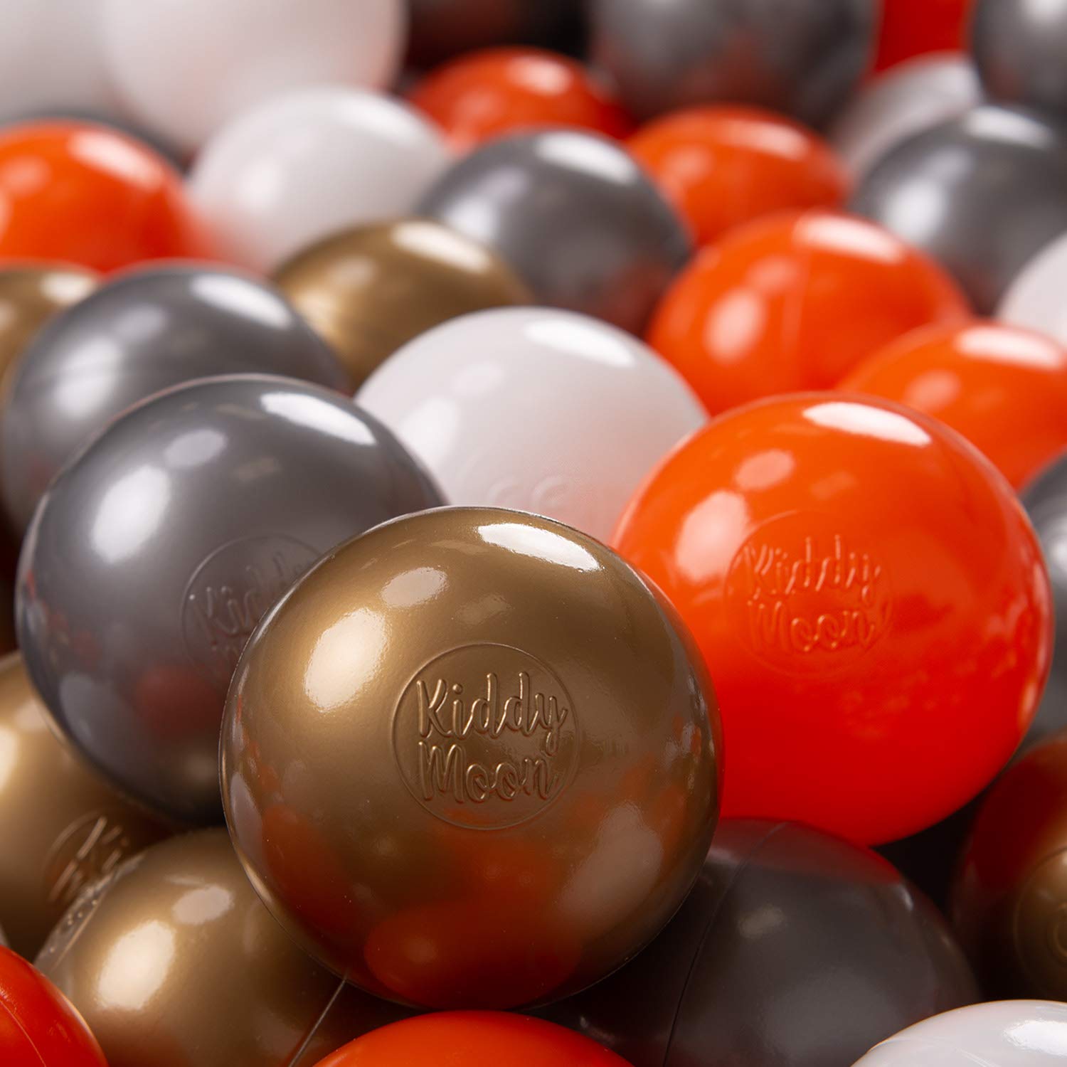 KiddyMoon Soft Plastic Play Balls 300 Balls/7Cm-2.75In Multi-Colour Made In EU, Orange/Silver/Gold/White — image 1
