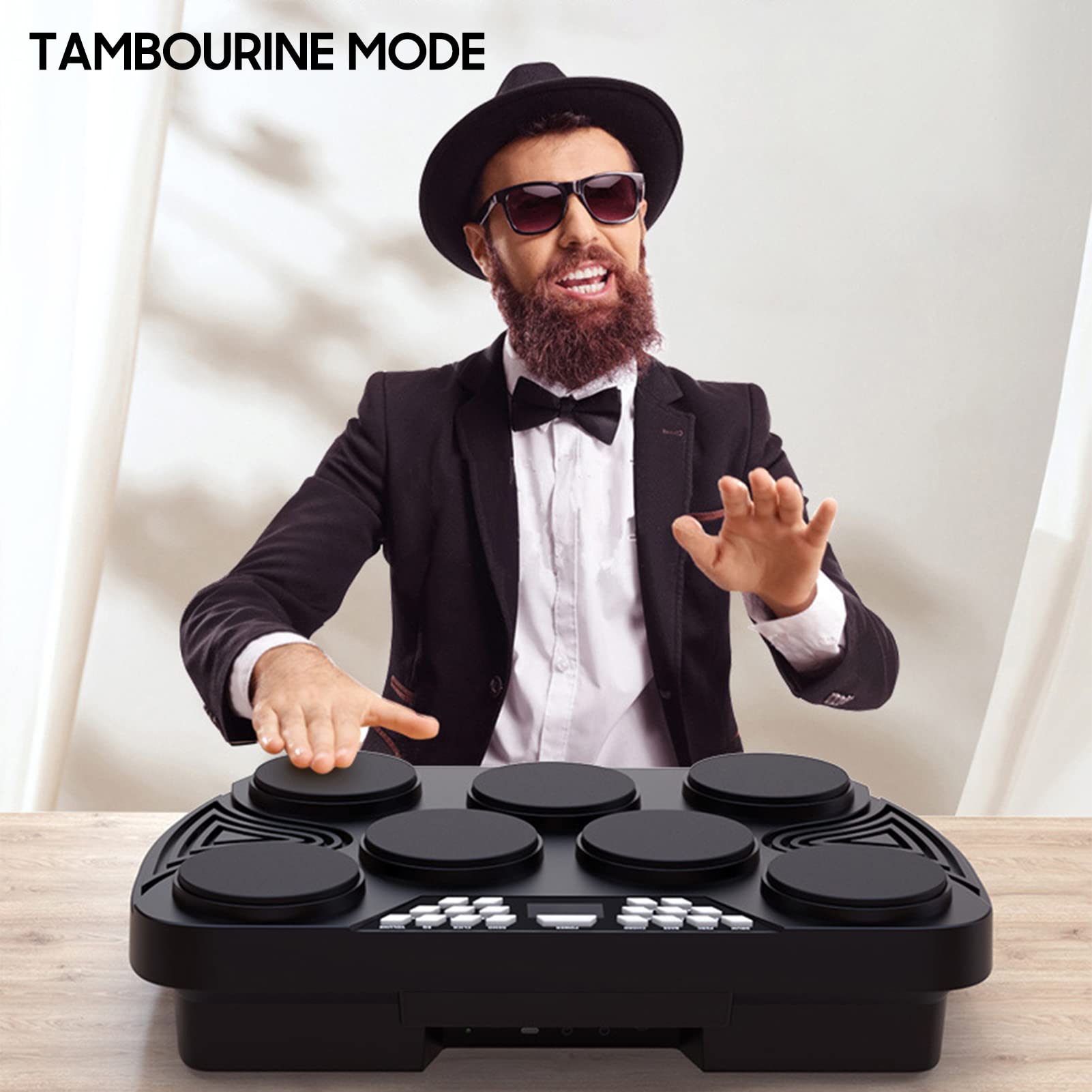 Electronic Drum Kit,Batteria elettronica portatile multifunzione Set 7 pad sensibili alla velocità Tamburo da tavolo 2 altoparlanti integrati Stereo ricaricabile Supporto per pad del tamburo pe