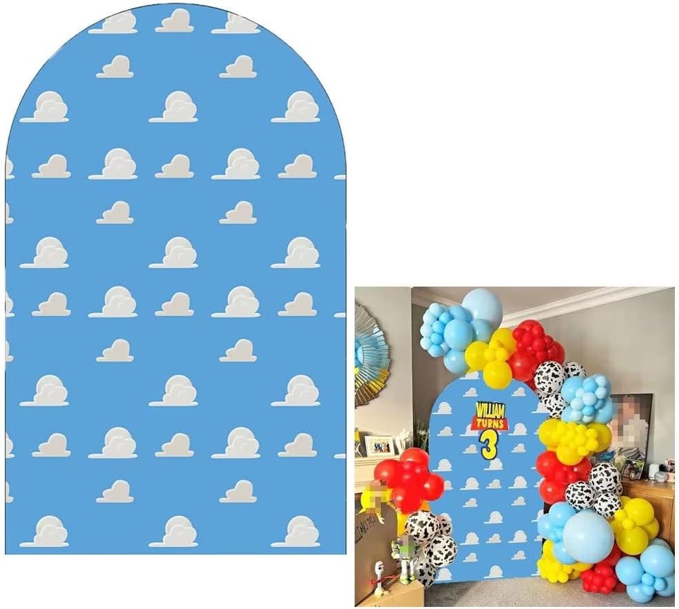KONPON Arch Backdrop 4x7ft Blue Sky White Clouds Arched Covers Stretchy Background for Boy Story Party Decoration Baby Shower Kids Birthday Decor Props W-3334