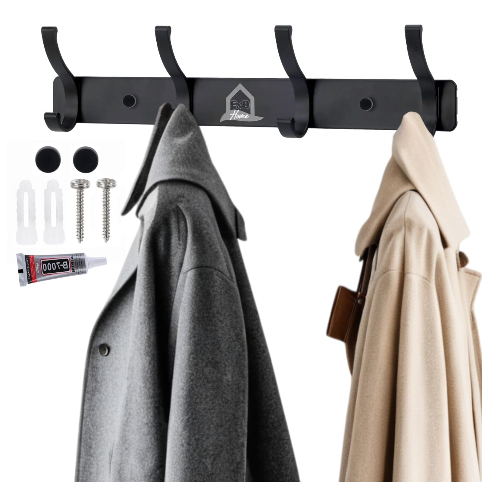 F&D Home - Appendiabiti da Parete con 4 Ganci e 2 Viti Facile da Montare – Attaccapanni da Muro Moderno in Lega di Alluminio – Porta Asciugamani Bagno, Appendigiacche Ingresso,Appendi Strofinacci