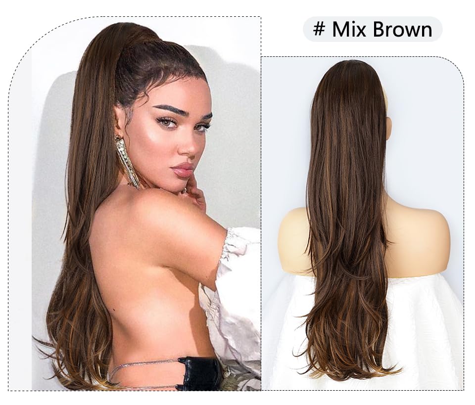 PORSMEER Ponytail Extension,Drawstring Ponytail Hair Extensions Black Mixed Brown 26 Inch Long Natural Straight Wavy End Synthetic Hairpiece for Women Girls Daily Use - Image 4