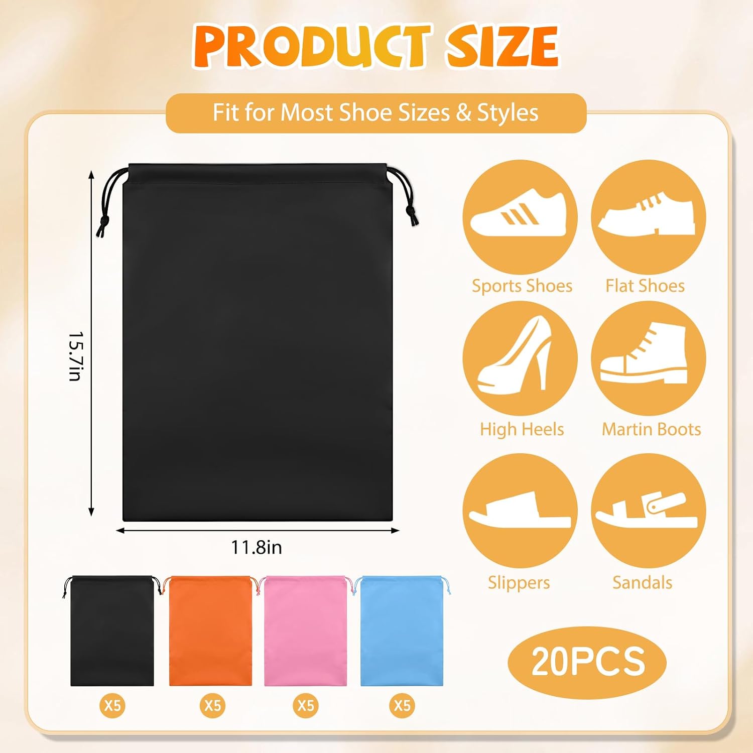 Shoe Bags for Travel, 15.7" x 11.8" Travel Shoe Bags for Packing, Large Waterproof Portable Drawstring Travel Shoe Storage Bag Travel Essentials Women for and Men (Orange & Black & Pink & Blue)