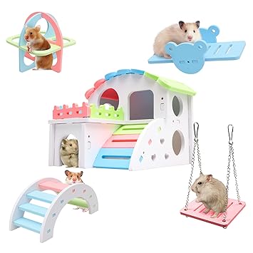 Syrian Hamster Toys Set, Improved Version 8.7 IN Large Hamster House, Wooden Gerbil Hideout, Small Animals Seesaw, Guinea Pig Sport Exercise Toys, Rainbow Bridge, Swing, Dwarf Hamster Cage Accessories