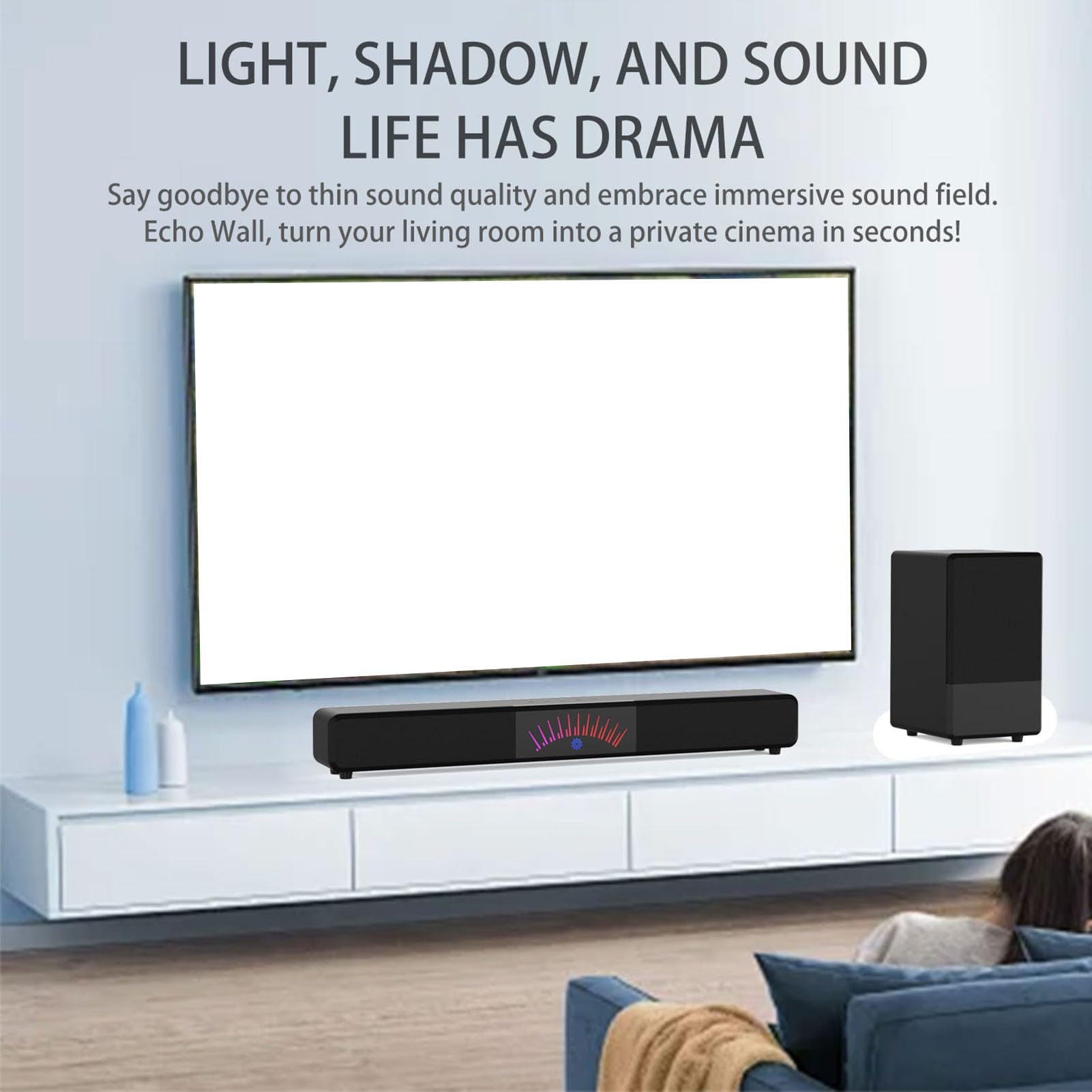 Goshyda Soundbar con Subwoofer, system di Altoparlanti Home Theater Bluetooth 6.3, Audio Surround 2.1 con Interfaccia Multimediale HD ARC, Ottico, AUX, USB, per Film, Musica, Feste (Spina europea)
